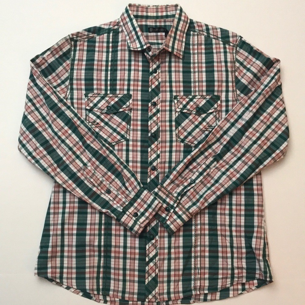 Smash Size Large  Red Green Plaid Men's Cotton Shirt  Snaps And Buttons Western